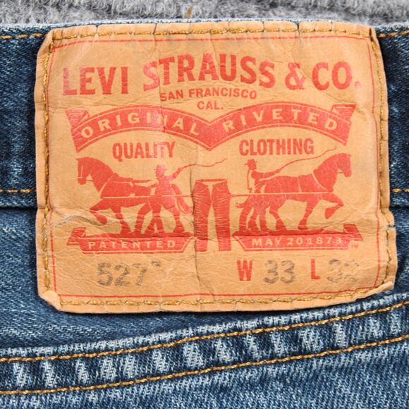 Levi’s Jeans Mens 33x32 Blue 527 Slim Bootcut Distressed Frayed Hem - Picture 10 of 12
